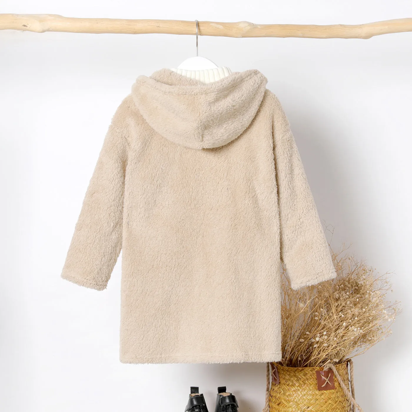Kid Boy/Kid Girl Solid Color Hooded Fuzzy Coat Jacket