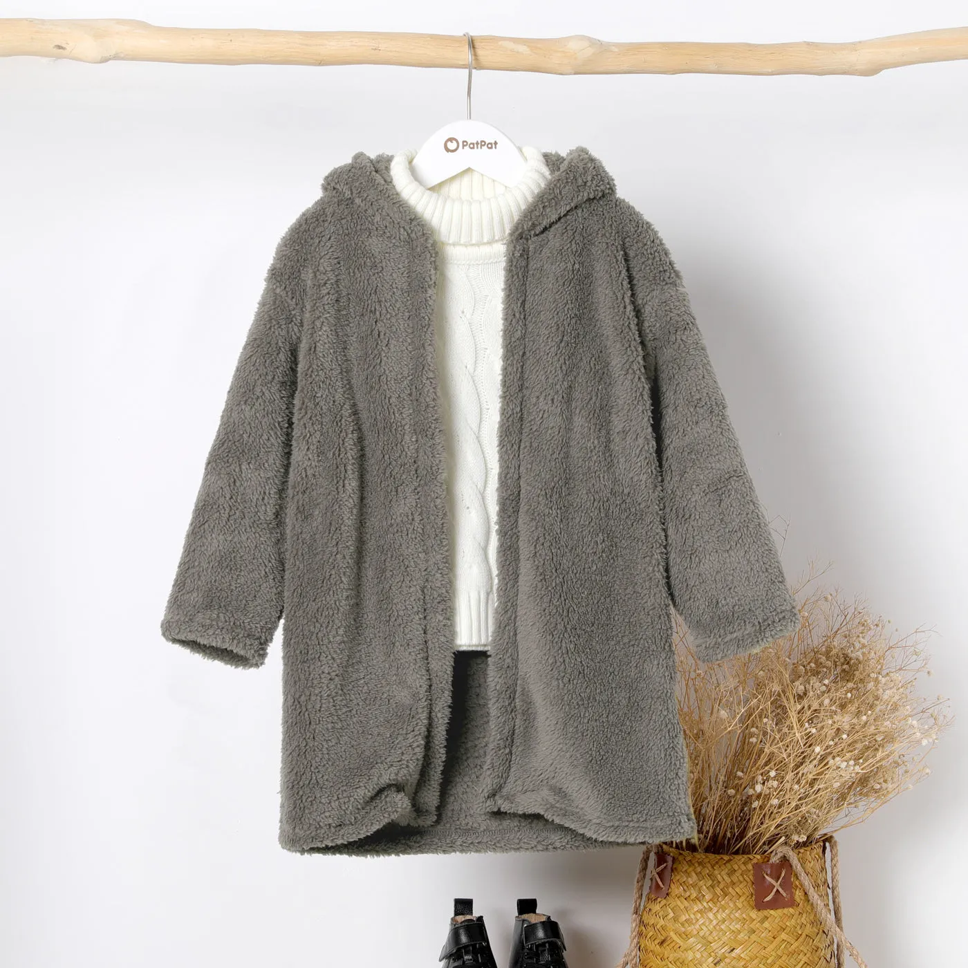 Kid Boy/Kid Girl Solid Color Hooded Fuzzy Coat Jacket