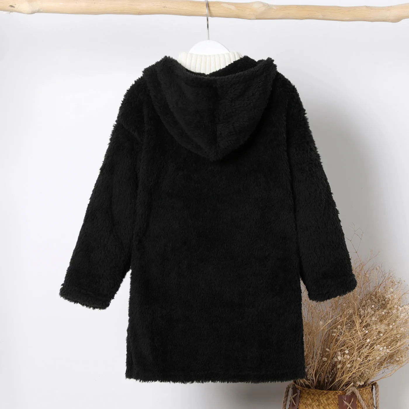 Kid Boy/Kid Girl Solid Color Hooded Fuzzy Coat Jacket