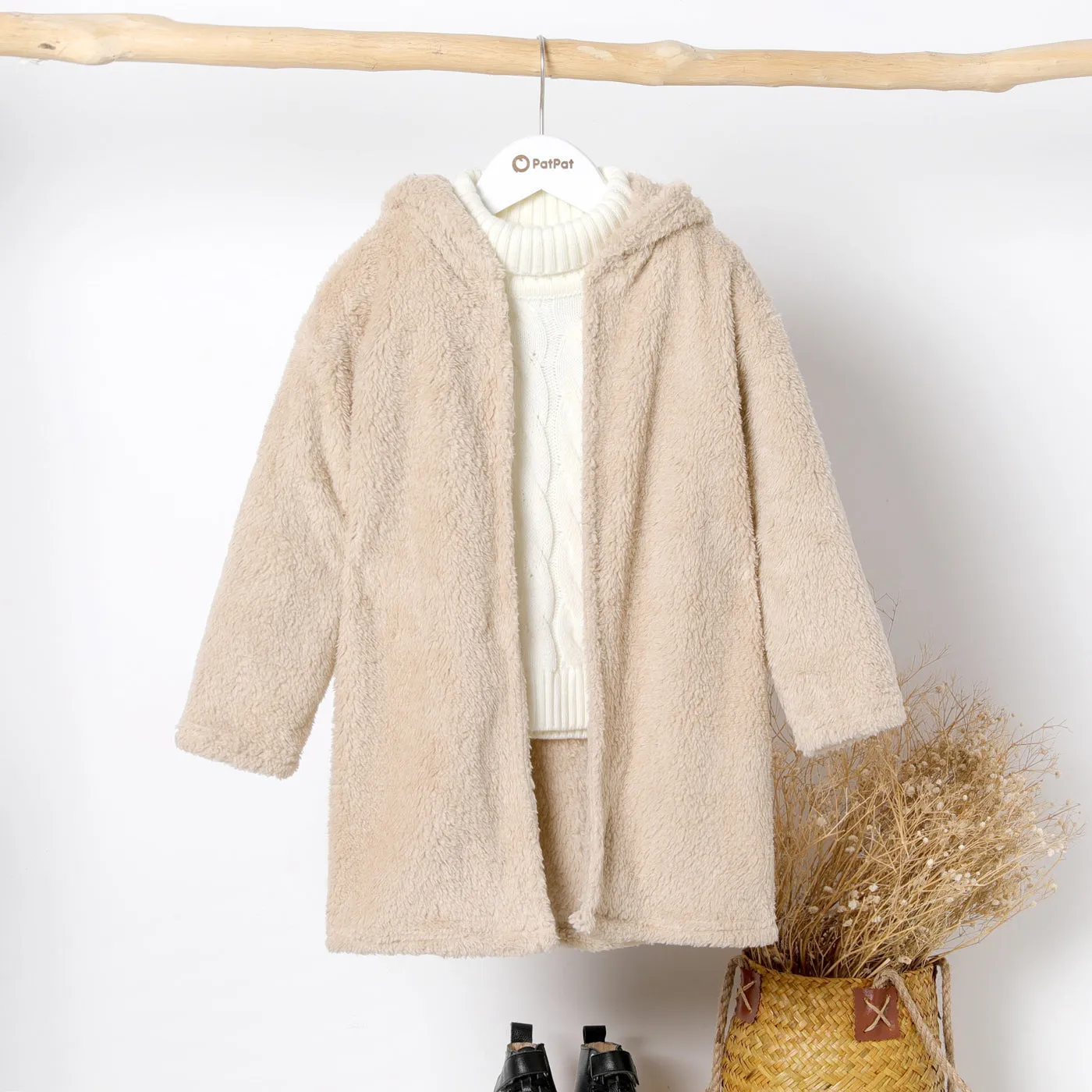 Kid Boy/Kid Girl Solid Color Hooded Fuzzy Coat Jacket
