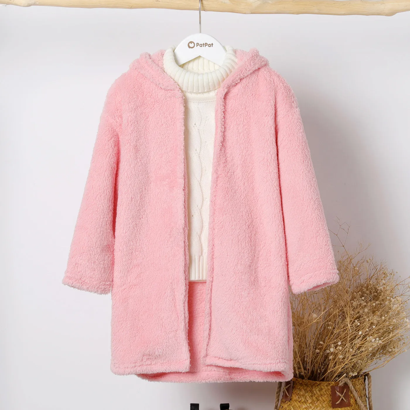 Kid Boy/Kid Girl Solid Color Hooded Fuzzy Coat Jacket
