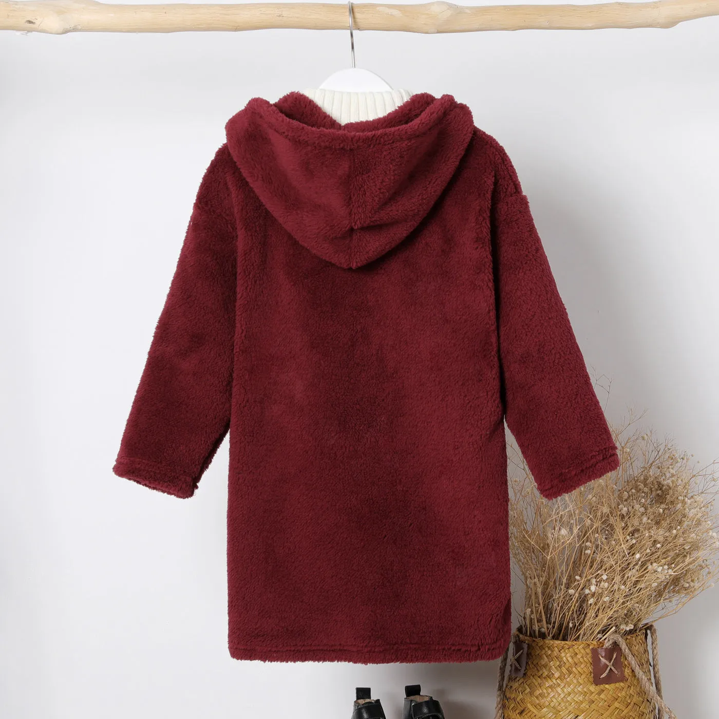 Kid Boy/Kid Girl Solid Color Hooded Fuzzy Coat Jacket