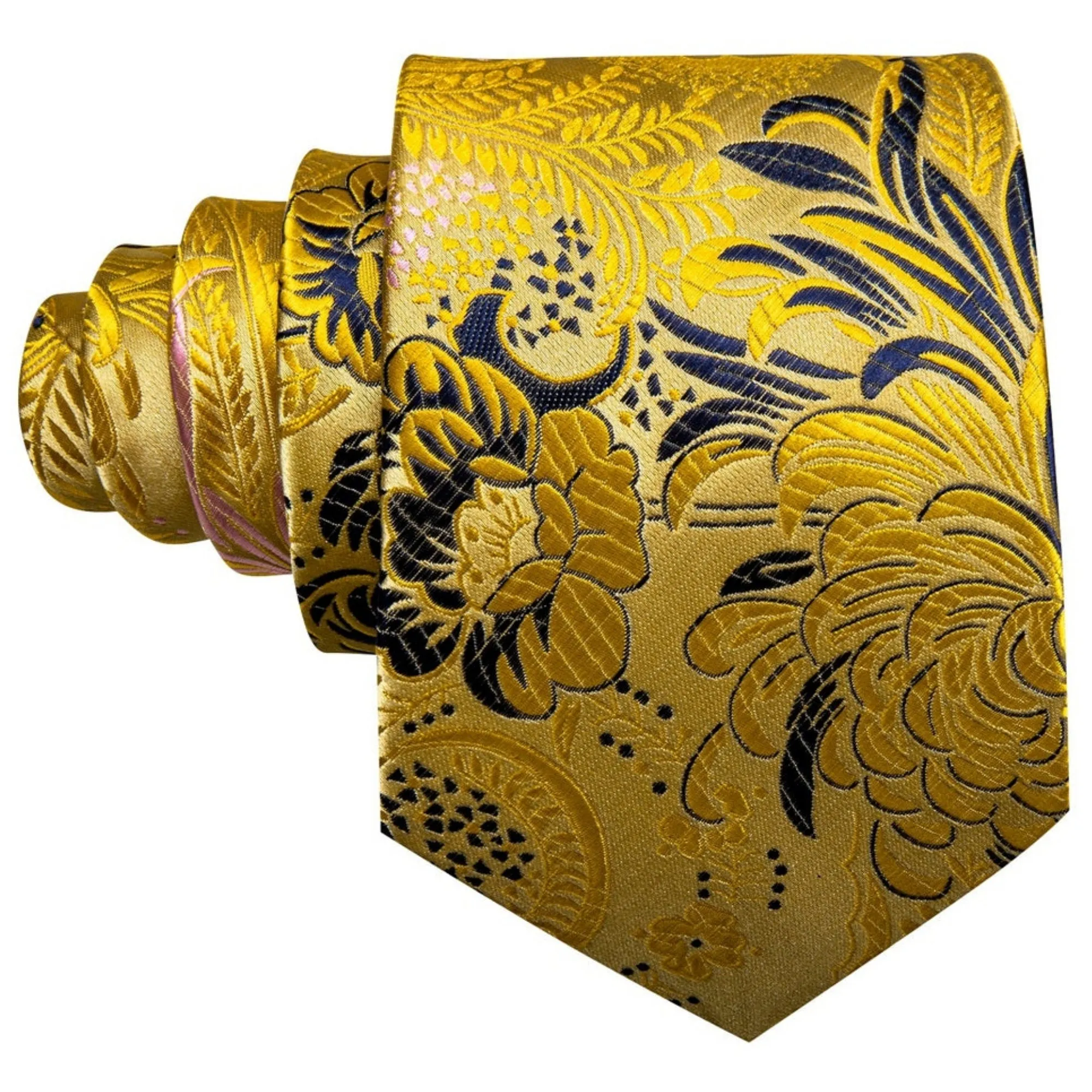 Men's Gold And Blue Floral 100% Silk Neck Tie With Matching Hanky And Cufflinks Set
